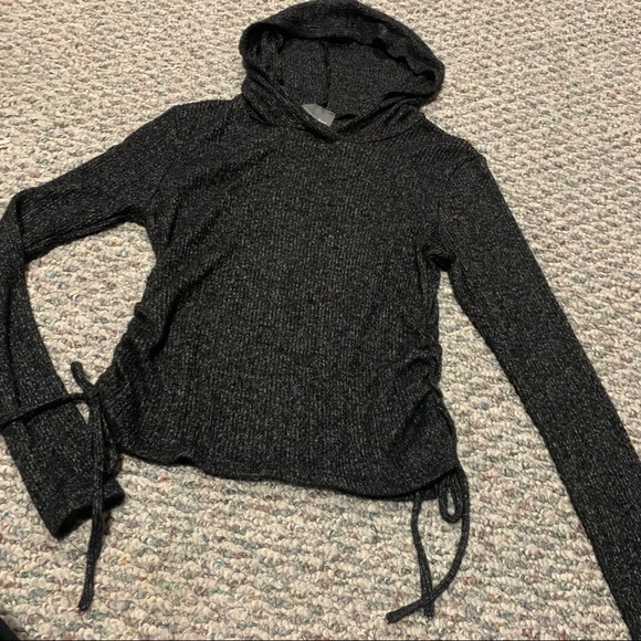 Ribbed charcoal hooded ruched side tie top - Picture 1 of 5